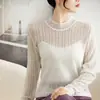 Nuevo Suéter de Punto Fino de Lana Delgada Jacquard Francés Hueco de Cuello Alto Medio Adelgazante para Mujer de Commuter