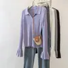 Camisa base de punto con cuello polo morado para mujer, corte ajustado, manga larga, para primavera y otoño, top de punto de alta gama