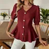Nova Roupa Feminina Europeia Americana TK Transfronteiriça Camisa de Verão Temperamento Decote V Manga Curta Bufante Cor Sólida Modelagem Slim Fit Top Valorizador