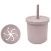 Taza de Silicona para Snacks Infantil Transfronteriza con Doble Asa, Asa, Popote Recto Curvo, Anticaídas, Suave, Taza de Agua Creativa, Taza con Popote