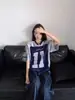 Retro americano versátil retazos No. Camiseta de jersey 11 para hombre y mujer, marca de moda de verano, holgada y transpirable, top dulce y fresco de manga corta