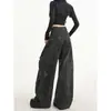 Calça jeans de trabalho estampada preta para mulheres, nova coleção de outono, com um design exclusivo, cintura alta, corte solto, efeito emagrecedor e perna larga.