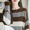 Suéter de Tricô Listrado Color Block Estilo Coreano para Mulheres, Gola Redonda Solto Emagrecedor Moda Suéter, Camada Base de Suéter Outono/Inverno