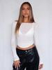 Top Feminino 2025 Estilo Europeu e Americano Cor Sólida Ombro a Ombro Manga Longa Slim Fit Cropped Malha Transparente Estilo Curto