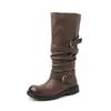 Botas altas de mujer talla 42 para mujeres menudas, de suela gruesa, desgastadas, plisadas, botas largas apiladas con hebilla de cinturón, botas de equitación de longitud media