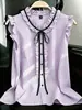 Camisa de talla grande de estilo suave para comercio exterior, a rayas, con mangas con volantes, cuello en V, lazo de cinta negra, top sin mangas adelgazante