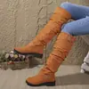 Botas plisadas de estilo nuevo para comercio exterior para mujer, con hebilla de cinturón, hasta la rodilla, tacón grueso, efecto adelgazante, botas largas