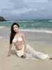 Bikini de Isla Nuevo Estilo 2026 para Mujer, Conjunto de Tres Piezas sin Tirantes con Falda, Traje de Baño Sexy Estilo Vacacional para Busto Pequeño