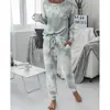 Traje de Otoño e Invierno Nuevo Europeo y Americano Talla Grande Holgado Estampado Tie-dye para Mujer Comercio Transfronterizo Comercio Exterior de Manga Larga Traje de Casa Traje para Mujer