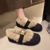 Terciopelo plus escote bajo 2026 estilo coreano correa única invierno moda Mary Janes tacón oculto zapatos de pelo zapatos de algodón mujer negro