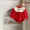 2026 Primavera Año Nuevo Rojo Bebé Niña Mameluco de Waffle Color Bloque Body Traje Triangular para Gatear
