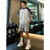 Marca Americana de Moda de Rua Personalidade Estilo Ins Gola Redonda Moda Manga Curta Camiseta para Homens, Verão Algodão Puro Peso Pesado Raglan Listrado Top