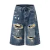 Pantalones Cortos de Mezclilla Lavada Desgastada Rasgada Estilo Hip-Hop Americano para Hombre, Ropa de Trabajo Casual Resistente de Nicho, Largo hasta la Rodilla