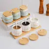 Juego de tarros de condimentos esmerilados estilo japonés, alambre dorado, cerámica de horno, caja combinada para condimentos del hogar, sal, azúcar, botella de condimentos