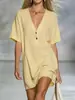 2026 Nuevo Vestido de Verano Holgado de Algodón y Lino con Mangas Cortas y Cuello en V, Moda Femenina Estilo Europeo y Americano Transfronterizo