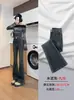 Calça Jeans Bootcut Cinza Fumê de Botão Duplo para Mulheres no Outono Cintura Alta Controladora de Barriga Elástica Nostálgica Justa em Forma de Ferradura Comprimento até o Chão
