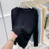 Camisa de sol Lenzing Tencel de corte holgado con cuello redondo para mujer, blusa pullover de seda helada, camiseta de manga larga, capa interior fina para habitaciones con aire acondicionado, seda helada