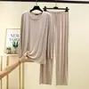 Conjunto de Camiseta Lisa de Modal Calça Wide Leg Gola Redonda Manga Longa Calça Longa Conjunto Masculino Camiseta Básica Calça Básica Conjunto de Duas Peças