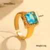 Anillo Abierto Cuadrado de Circonita Colorida Estilo Lujo Ligero Europeo y Americano Acero Inoxidable Chapado en Oro de 18K Anillo Moderno Retro INS para el Día a Día