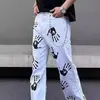 High Street Americano Hip-Hop Estampado de Palma Jeans Blancos Unisex Marca de Moda Hip-Hop Calle Pantalones Rectos Holgados