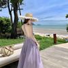 Vestido Halter Morado con Escote en V Espalda Descubierta para Vacaciones en la Playa para Mujer, Falda Larga Elegante Súper Atractiva, Falda Atractiva para Tomar Fotos
