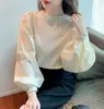 Camisa blanca holgada de estilo francés con mangas abullonadas para mujer, elegante, chic, diseño dulce, top de cuello redondo, estiliza y versátil