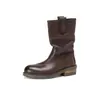 Botas de piel de vacuno de capa superior desgastada para mujer hasta la mitad de la pantorrilla, nuevo estilo otoño e invierno, piel genuina, punta redonda vintage, botas sin cordones de tacón medio, botas de chimenea