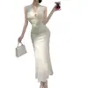 Patchwork de tule, elegante vestido sem costas com detalhes de babados, gola halter, vestido formal estilo francês, cintura marcada e saia longa que realça a silhueta para mulheres, perfeito para o verão