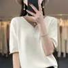 Suéter de gola V dupla com blocos de cor, temperamento, manga curta, solto, modelador, para o trabalho, primavera e verão, fio de algodão, camiseta de tricô feminina