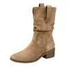 Botas Western Plissadas para Mulheres Chuyuji, Estilo Britânico Vintage, Botas Martinas de Cano Médio que Aumentam a Altura para Pessoas Baixas