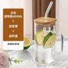 Vaso de Vidrio de Borosilicato Alto con Asa de Colores, Vaso Cuadrado de Gran Capacidad, Vaso Transparente de Vidrio para Bebidas Frías con Tapa de Bambú, Vaso para Jugos