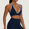 Sujetador deportivo de estilo europeo y americano, color contrastante, sexy, escote halter en V profundo, sujetador de yoga de secado rápido, cepillado por ambos lados, Fitness Bra62718