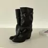 Chuyuji 2026 Primavera/Verano Nuevas Botas de Montar Estilo Europeo y Americano Hebilla Negra para Mujer, Pantalón Botas de Tacón Grueso por Encima de la Rodilla