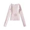 Top de punto con jacquard hueco y cuello cuadrado de manga larga estilo Puro Deseo, Camisa base de color liso versátil de ajuste ceñido con cordones, Nuevo para Otoño para Mujer