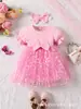 Exclusivo Transfronterizo Verano Nuevo Cuello Redondo Mangas Acampanadas Malla Acanalada Empalme Moda Lindo Vestido para Bebés y Niños Pequeños