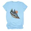Amazon Wish sitio independiente moda casual versátil mujer árbol, sol, ladera de montaña cuello redondo manga corta camiseta