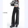 Calça Jeans Feminina Preta e Cinza de Perna Larga Estreita, Novo Estilo Primavera e Outono 2026, Cintura Alta, Solta, Fluida, Perna Reta, Comprimento no Chão para Outono