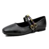 En stock~Zapatos Mary Jane negros estilo francés con hebilla metálica, corte bajo, pequeños adornos dorados, zapatos planos simples y casuales