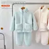 Conjunto de Otoño/Invierno para Niños de Polar con Bolsillos Cremallera para Niños Niñas Terciopelo Plus Grueso Ropa de Casa Pijamas Conjunto de Dos Piezas