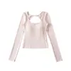 Camiseta Sexy de Manga Larga con Escote Redondo Bajo Hueco Estilo Puro Deseo para Mujer Nueva Llegada de Primavera con Almohadillas en el Pecho Ajustada Top Corto de Capa Base