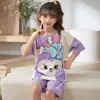 Pijama Infantil de Verão, Shorts de Manga Curta para Meninas, Roupa Externa Fina e Fofa de Desenho Animado para Meninas de Meia-Idade e Mais Velhas Conjunto de Roupas para Casa