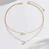 Colar Simples de Pérola e Zircônia de Camada Dupla para Mulheres Corrente de Clavícula Dourada Branca Moda Temperamento Estilo Celebridade da Internet Joias Atacado