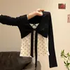 Camiseta Manga Longa Feminina Polka Dot Laço Renda Cadarço Doce Suave Falsa Duas Peças 2026 Primavera Outono Emagrecedor Top ins