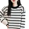 Outono/Inverno 2026 Novo Gola Redonda Tricô Grosso Cor Andy Velvet Color Block Listrado Dividido Pulôver Solto Top Básico para Mulheres