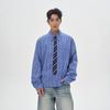 Camisa Xadrez Azul Manga Longa Estilo Retro Americano Estilo Old Money Costura de Gravata Casual Solta Tendência Masculina e Feminina