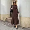 2026 Novo Europeu e Americano Amazon E-commerce Transfronteiriço Moda Feminina Gola Redonda Manga Longa Cintura Marcada Patchwork Bolinhas Emagrecedor Vestido Longo