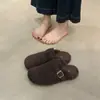 Nuevos Zapatos Planos de Suela Gruesa Grises 2025 Forro Interior Cálido de Felpa Aumento Interno Peludos Semi-Zueco Exterior Suela Gruesa Birkenstock para Mujer Otoño e Invierno