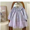 Vestido para Niñas 2026 Primavera Nuevo Estilo Malla Floral Morada Falda Cuello de Muñeca Mangas Abullonadas Vestido de Princesa para Bebés y Niños