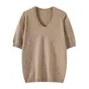 Top de punto de manga corta para el trabajo, corte ajustado, versátil para mujer, con diseño de cuello en V, cuello floral, transpirable, adecuado como prenda exterior.