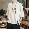 Camiseta Masculina de Verão Linho Estilo Chinês Bordada Manga Curta Cropped Tamanho Grande Solta Gola V Algodão Linho Manga Curta Masculino